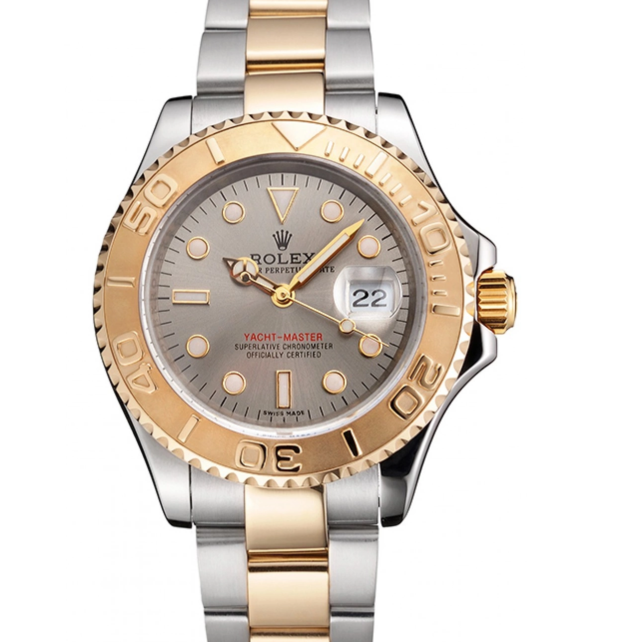 Aaa replica watch Two Dial Rolex Case Swiss Steel Tone Dial Stainless Gold Yacht-Master Gray Bezel 0525